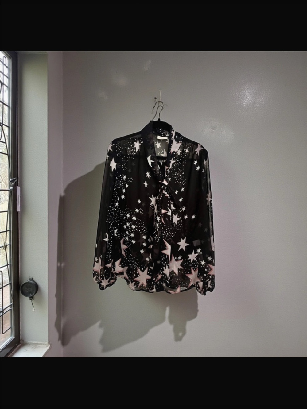 Sheer Star Print Tie Neck Blouse Black Pink Eva Mendes 1X